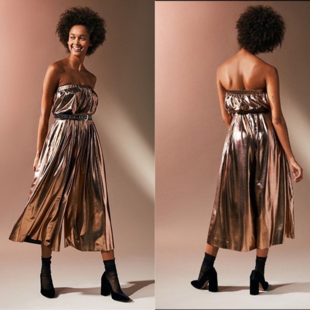 UO Hollywood Gold Copper Shiny Pleated Jumpsuit - Picture 1 of 4